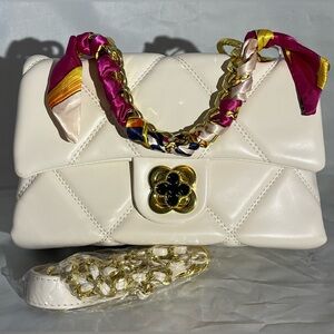 Elegant Quilted Cream Shoulder Bag w/ Gold Floral Clasp & Silk-Wrapped Handle